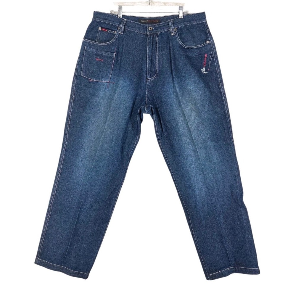 Vtg Fubu Circa Baggy Loose Blue Jeans Men 40 (39x33) Hi Rise Embroidered Graphic